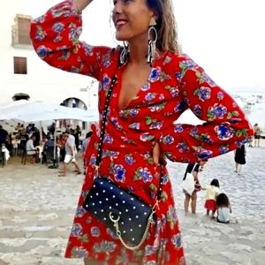 ZARA Floral Wrap Dress Red with Ruched Sleeve NWT Size. S